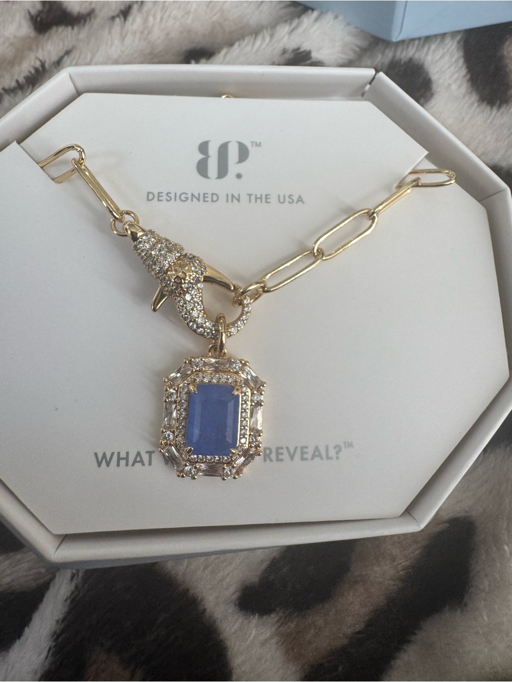 bp Gold Chain Necklace with Blue Crystal Octagon Pendant